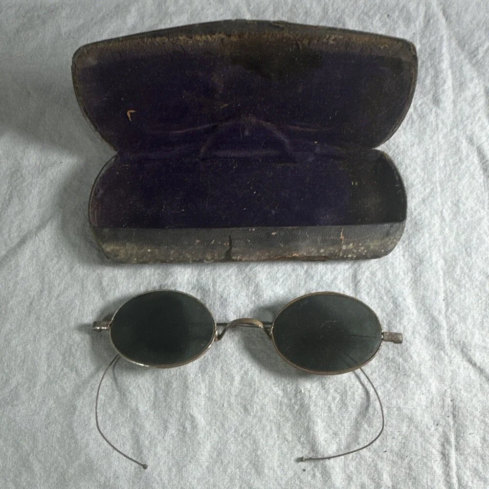 Antique Victorian Wire Rim Sunglasses Coiled Cable Temples Oval Lens Case As-Is
